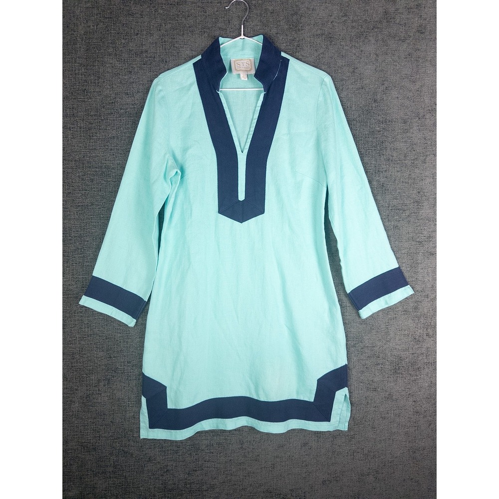 Sail to Sable STS Linen Tunic Top Womens S Mint Aqua Navy Color Block V-Neck Res